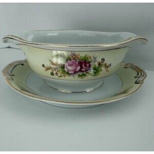 Vintage Maruichi MRU2 Pink Floral Gravy Boat w Attached Underplate, Post WII